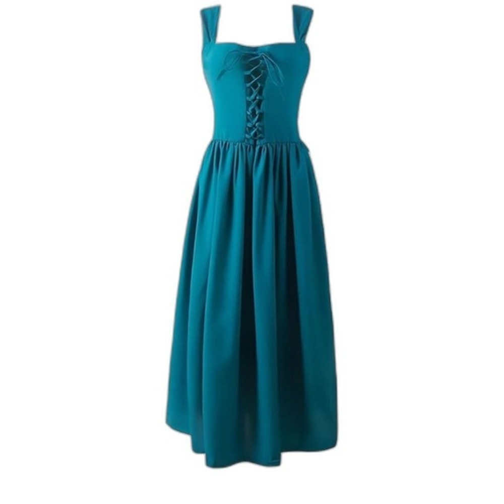 Boho Cottagecore‎ Lace-Up Midi Dress – Turquoise Blue, Flowy Fit, Festival Ready
